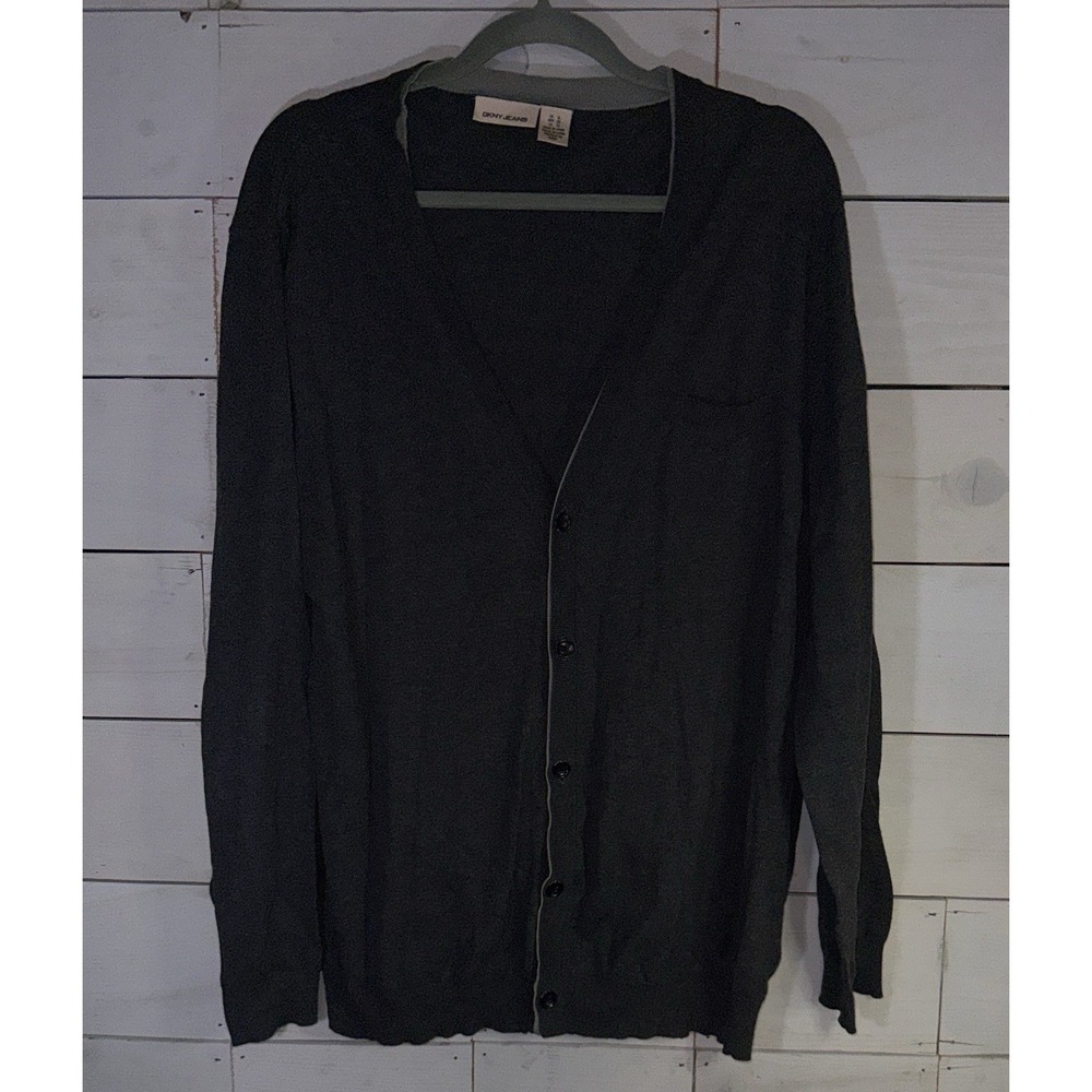 DKNY Mens V-neck Charcoal Cardigan W/ Contrasting Gray Placket XL